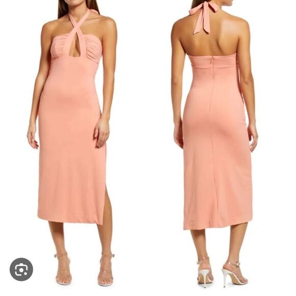Bardot Orange Stretch Halter Midi Slit Dress Guilia Peach - Picture 1 of 7